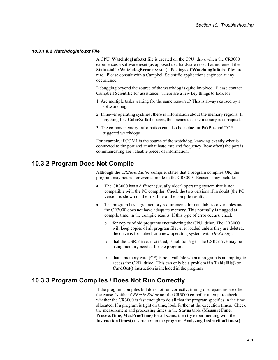 2 watchdoginfo.txt file, 2 program does not compile, 3 program compiles / does not run correctly | Campbell Scientific CR3000 Micrologger User Manual | Page 431 / 590