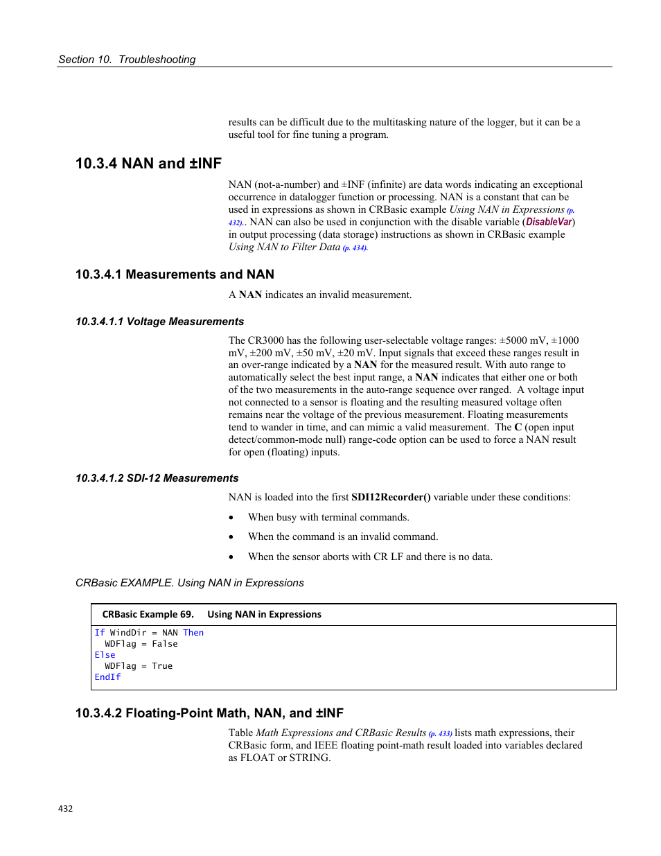 4 nan and ±inf, 1 measurements and nan, 1 voltage measurements | 2 sdi-12 measurements, 2 floating-point math, nan, and ±inf, Crbasic example 69. using nan in expressions | Campbell Scientific CR3000 Micrologger User Manual | Page 432 / 590