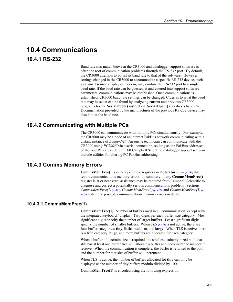 4 communications, 1 rs-232, 2 communicating with multiple pcs | 3 comms memory errors, 1 commsmemfree(1) | Campbell Scientific CR3000 Micrologger User Manual | Page 435 / 590