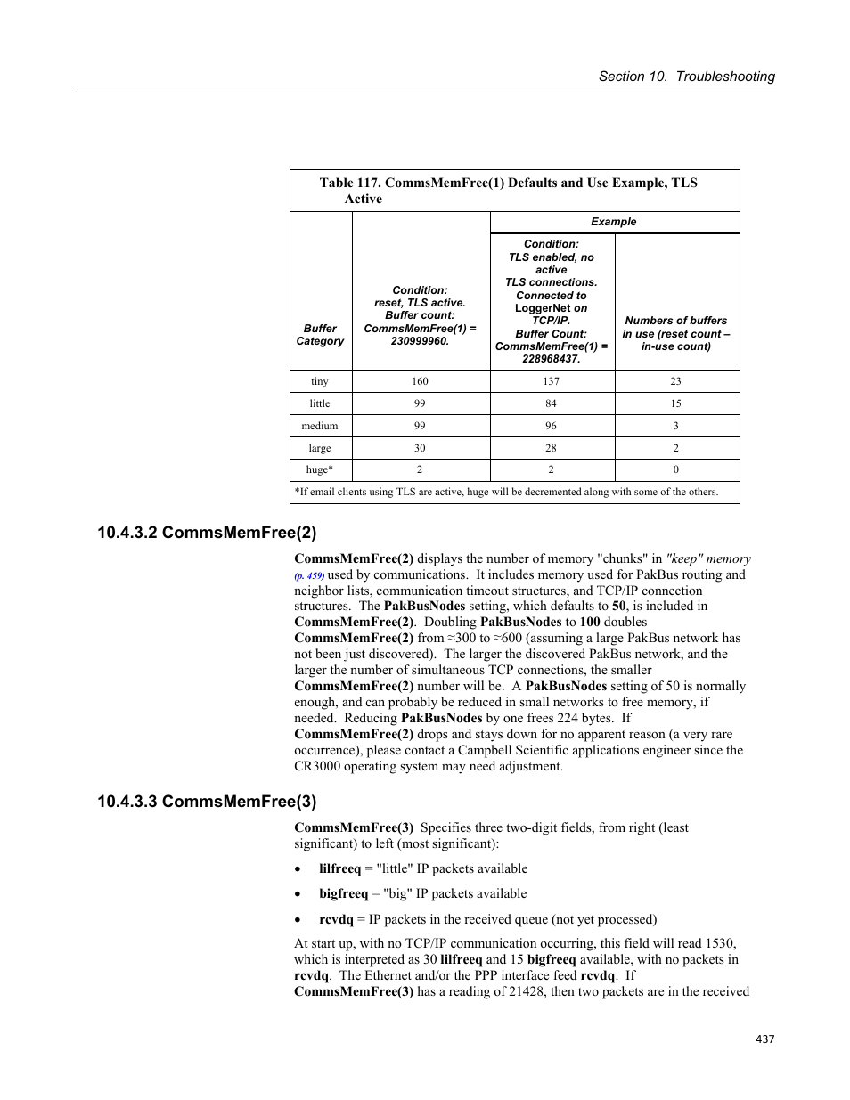 2 commsmemfree(2), 3 commsmemfree(3) | Campbell Scientific CR3000 Micrologger User Manual | Page 437 / 590