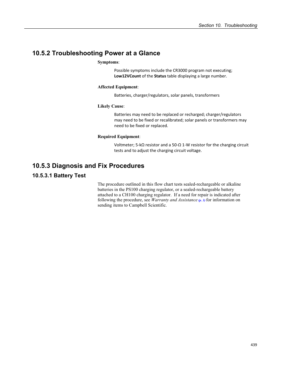 2 troubleshooting power at a glance, 3 diagnosis and fix procedures, 1 battery test | Campbell Scientific CR3000 Micrologger User Manual | Page 439 / 590