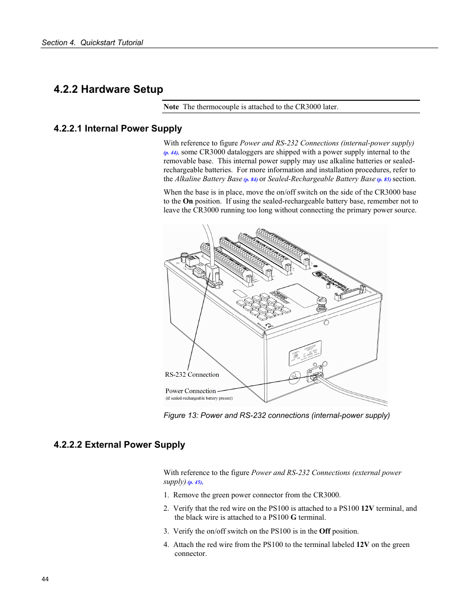 2 hardware setup, 1 internal power supply, 2 external power supply | Campbell Scientific CR3000 Micrologger User Manual | Page 44 / 590
