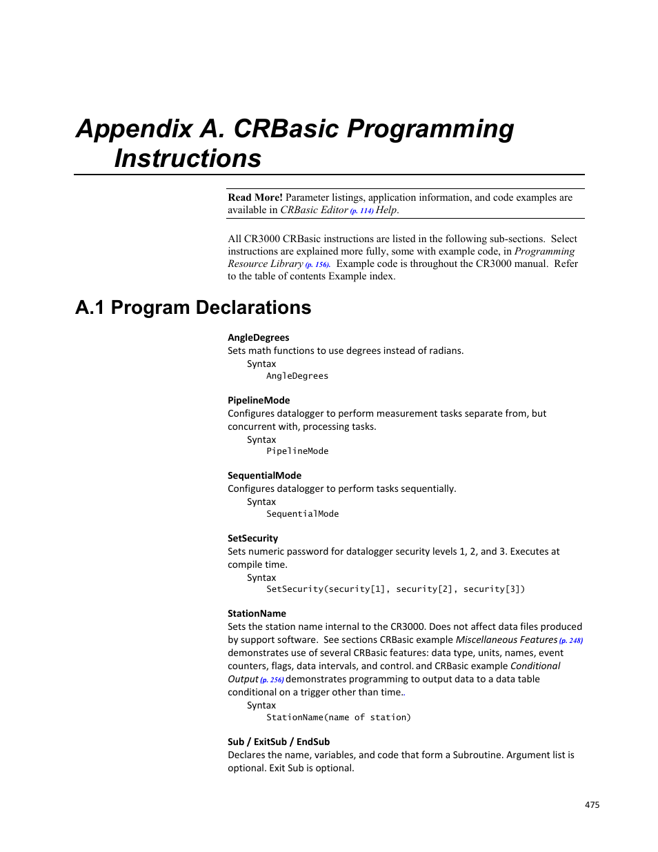 Appendix a. crbasic programming instructions, A.1 program declarations | Campbell Scientific CR3000 Micrologger User Manual | Page 475 / 590