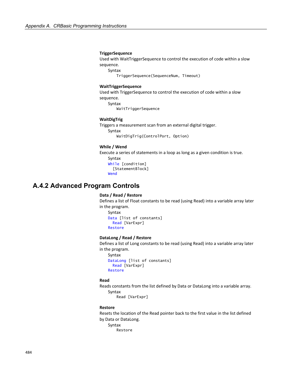 A.4.2 advanced program controls | Campbell Scientific CR3000 Micrologger User Manual | Page 484 / 590