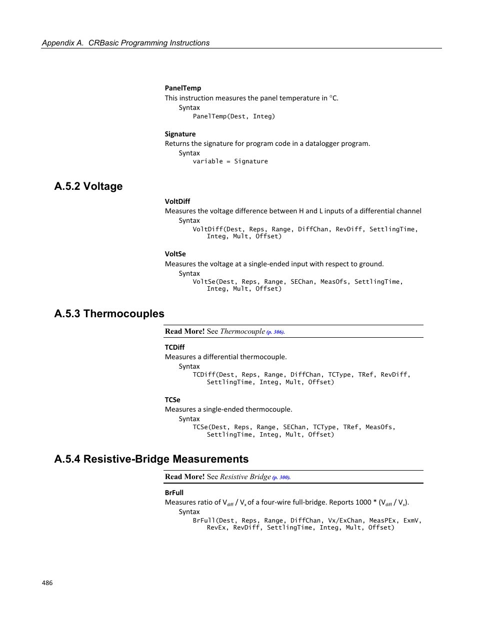 A.5.2 voltage, A.5.3 thermocouples, A.5.4 resistive-bridge measurements | Campbell Scientific CR3000 Micrologger User Manual | Page 486 / 590