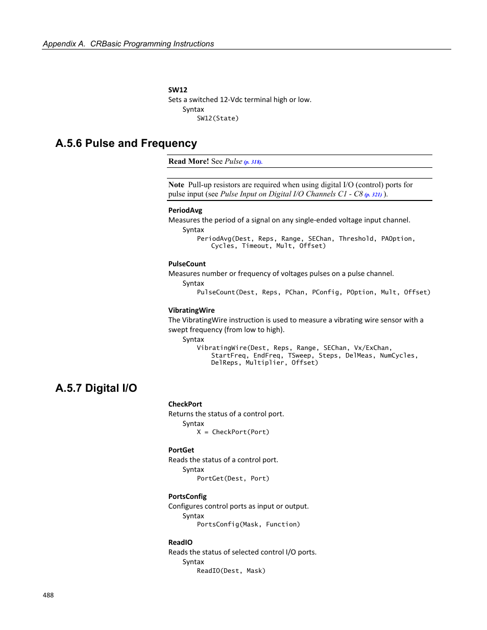 A.5.6 pulse and frequency, A.5.7 digital i/o | Campbell Scientific CR3000 Micrologger User Manual | Page 488 / 590