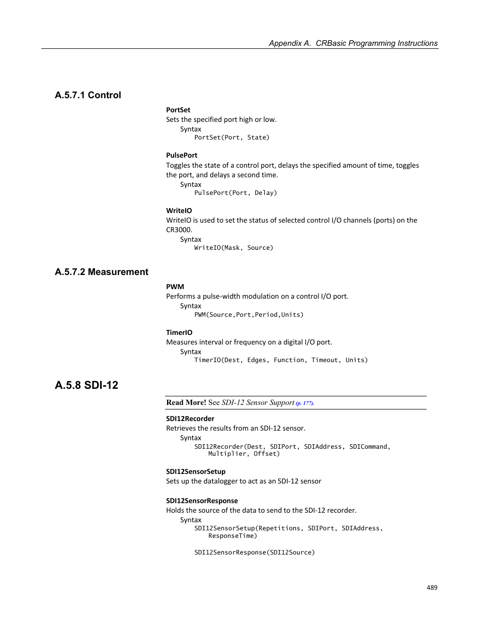 A.5.7.1 control, A.5.7.2 measurement, A.5.8 sdi-12 | Campbell Scientific CR3000 Micrologger User Manual | Page 489 / 590