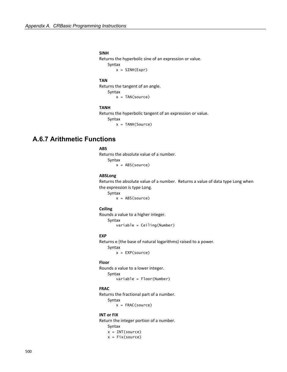 A.6.7 arithmetic functions | Campbell Scientific CR3000 Micrologger User Manual | Page 500 / 590