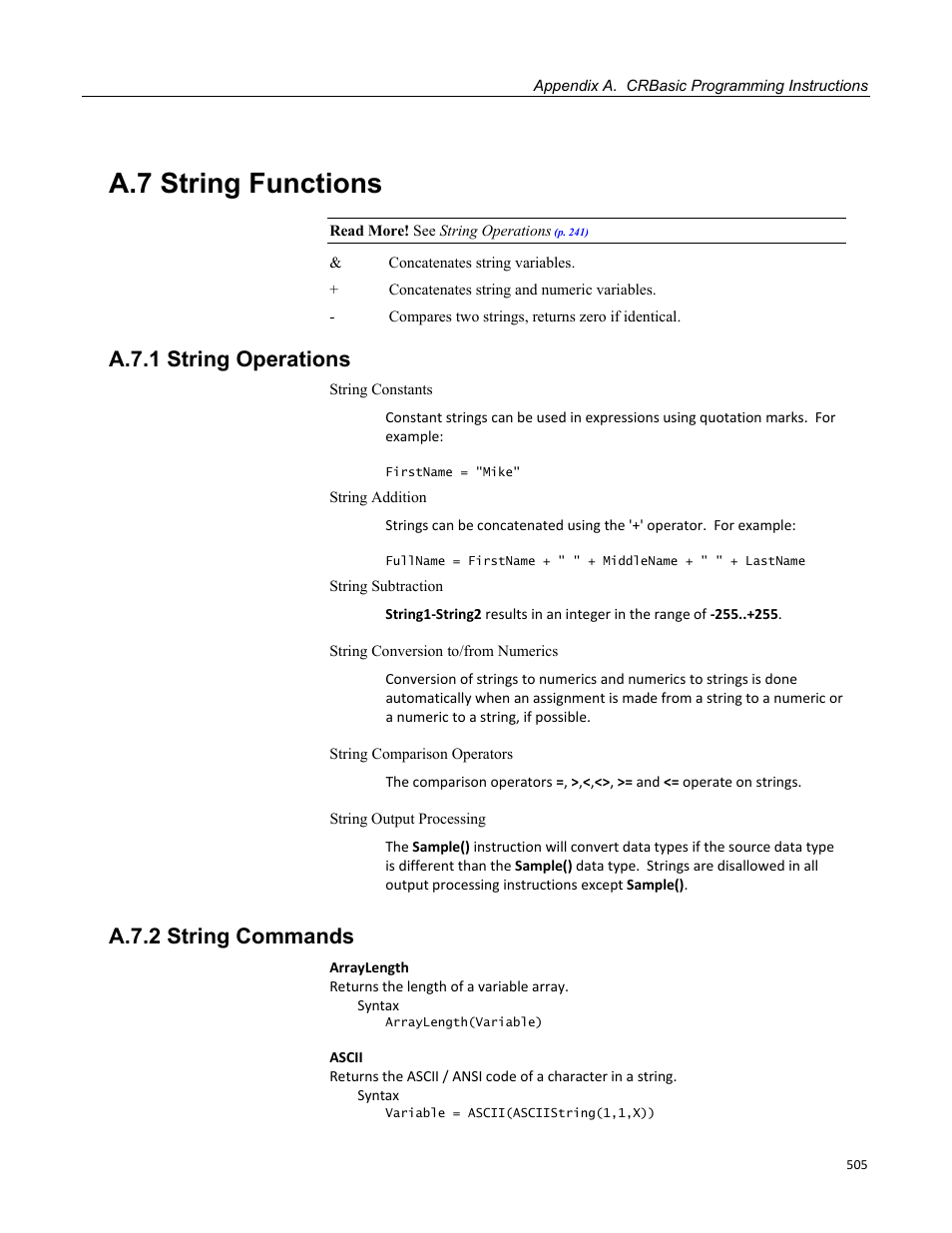 A.7 string functions, A.7.1 string operations, A.7.2 string commands | Campbell Scientific CR3000 Micrologger User Manual | Page 505 / 590
