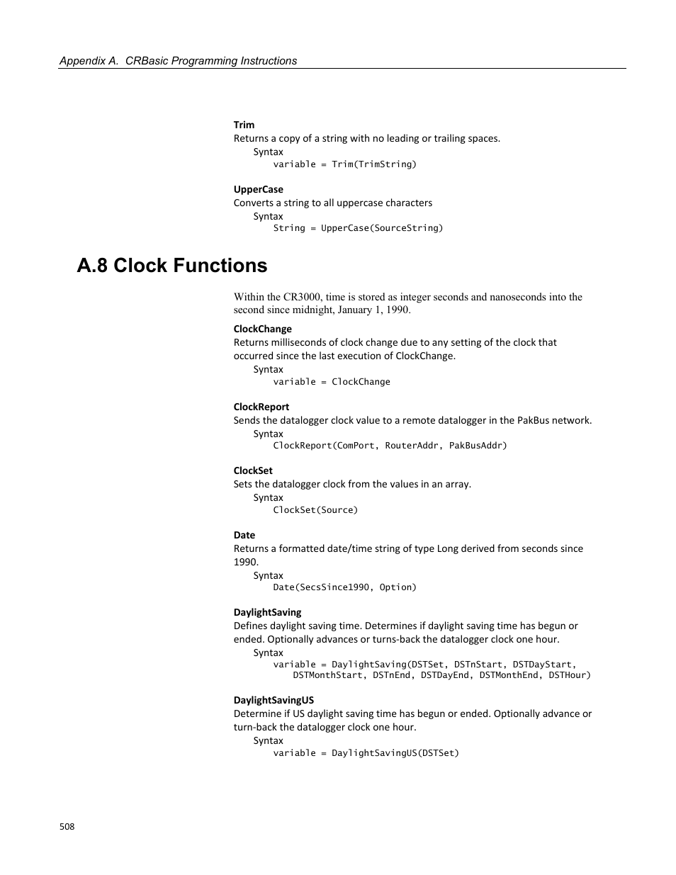 A.8 clock functions | Campbell Scientific CR3000 Micrologger User Manual | Page 508 / 590