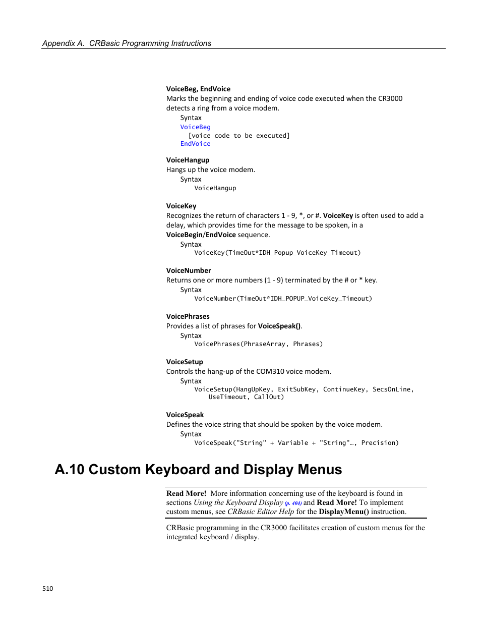 A.10 custom keyboard and display menus | Campbell Scientific CR3000 Micrologger User Manual | Page 510 / 590
