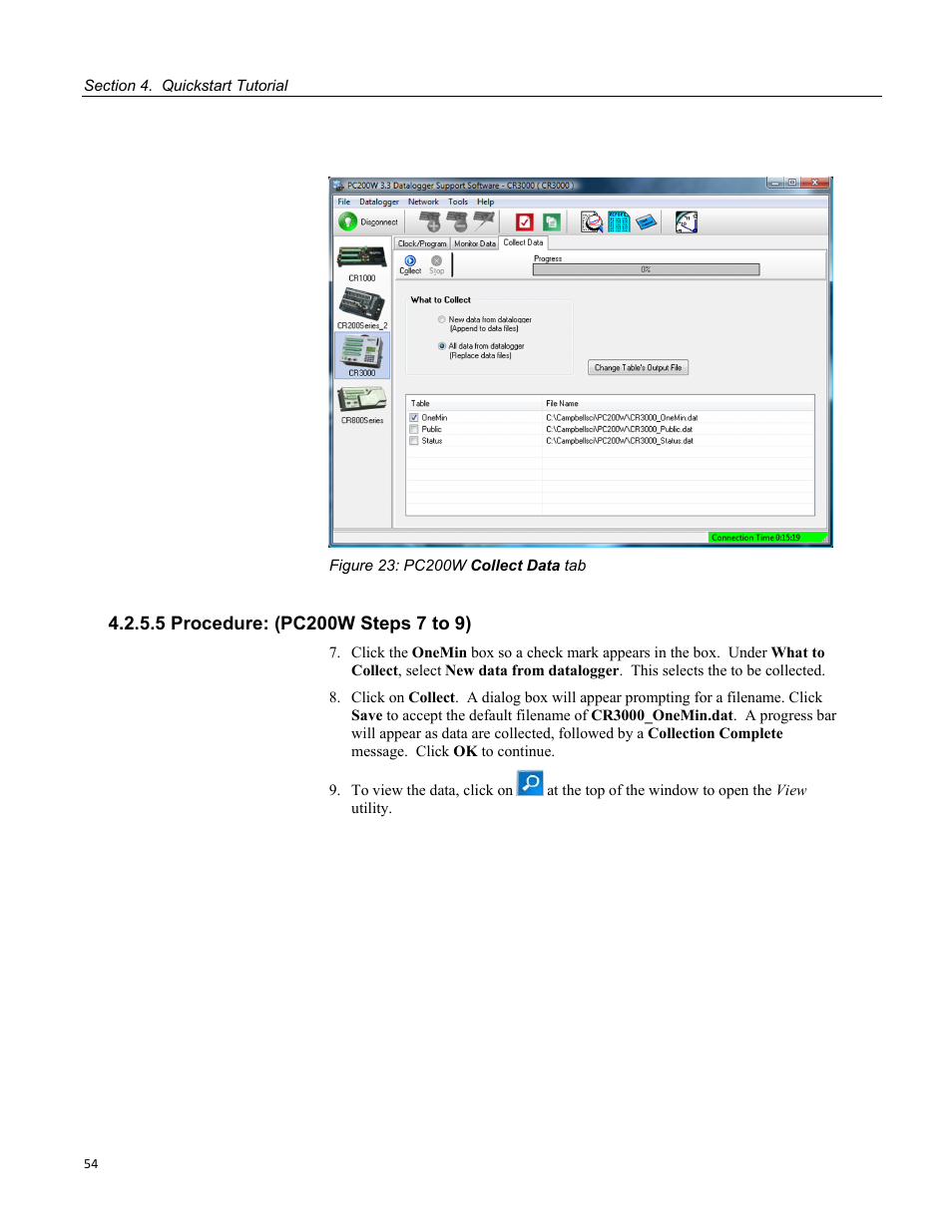 5 procedure: (pc200w steps 7 to 9), Figure 23: pc200w collect data tab | Campbell Scientific CR3000 Micrologger User Manual | Page 54 / 590