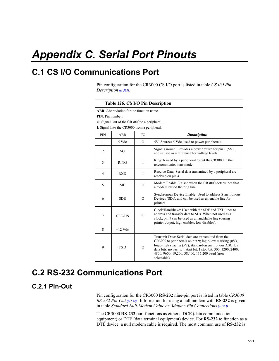 Appendix c. serial port pinouts, C.1 cs i/o communications port, C.2 rs-232 communications port | C.2.1 pin-out, Table 126. cs i/o pin description | Campbell Scientific CR3000 Micrologger User Manual | Page 551 / 590