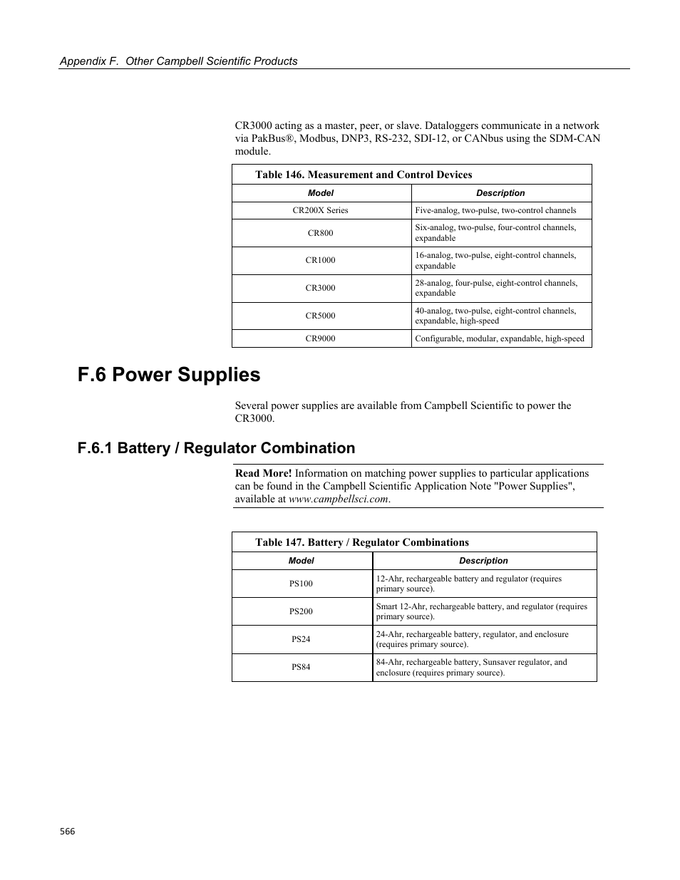 F.6 power supplies, F.6.1 battery / regulator combination | Campbell Scientific CR3000 Micrologger User Manual | Page 566 / 590