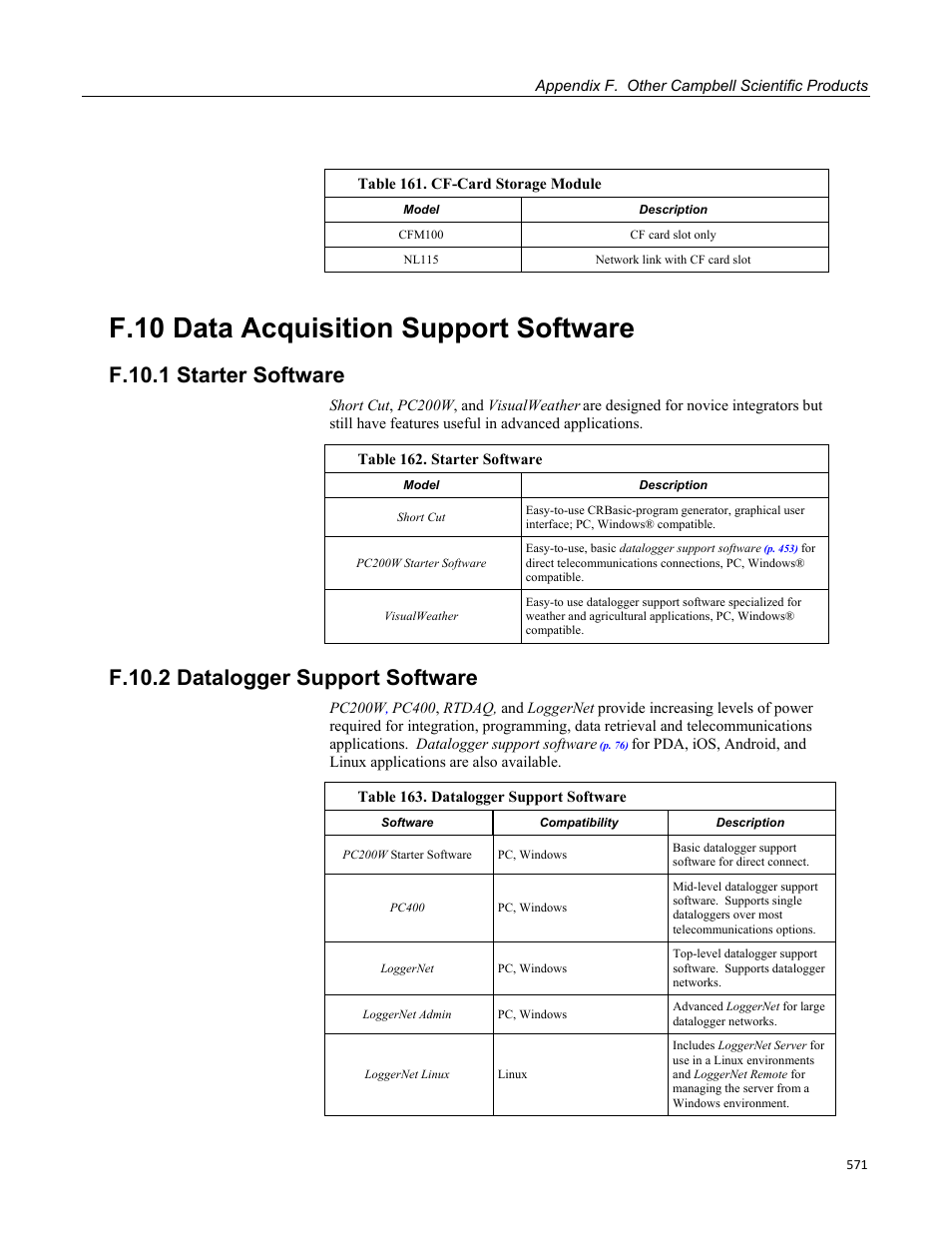 F.10 data acquisition support software, F.10.1 starter software, F.10.2 datalogger support software | Campbell Scientific CR3000 Micrologger User Manual | Page 571 / 590
