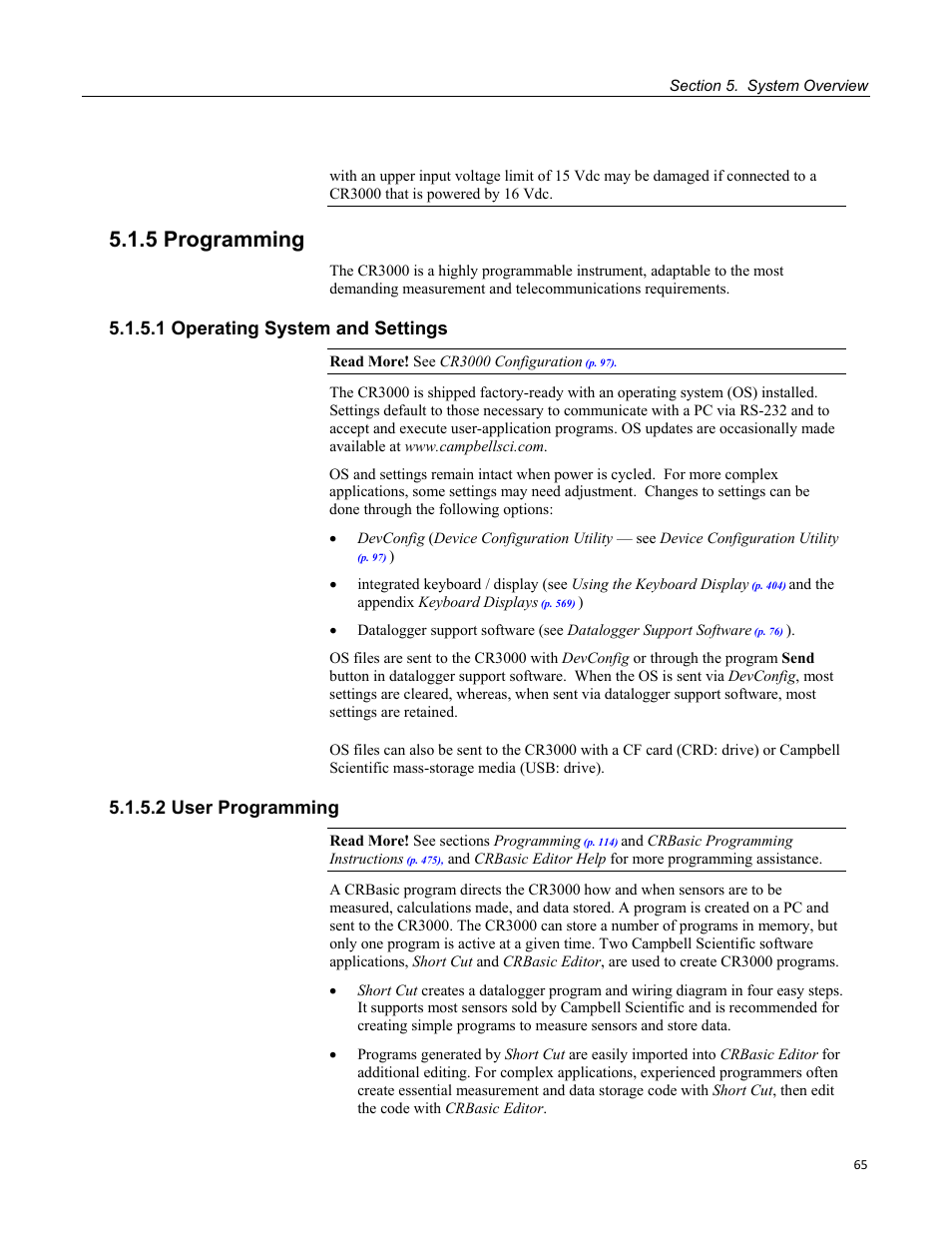 5 programming, 1 operating system and settings, 2 user programming | Campbell Scientific CR3000 Micrologger User Manual | Page 65 / 590