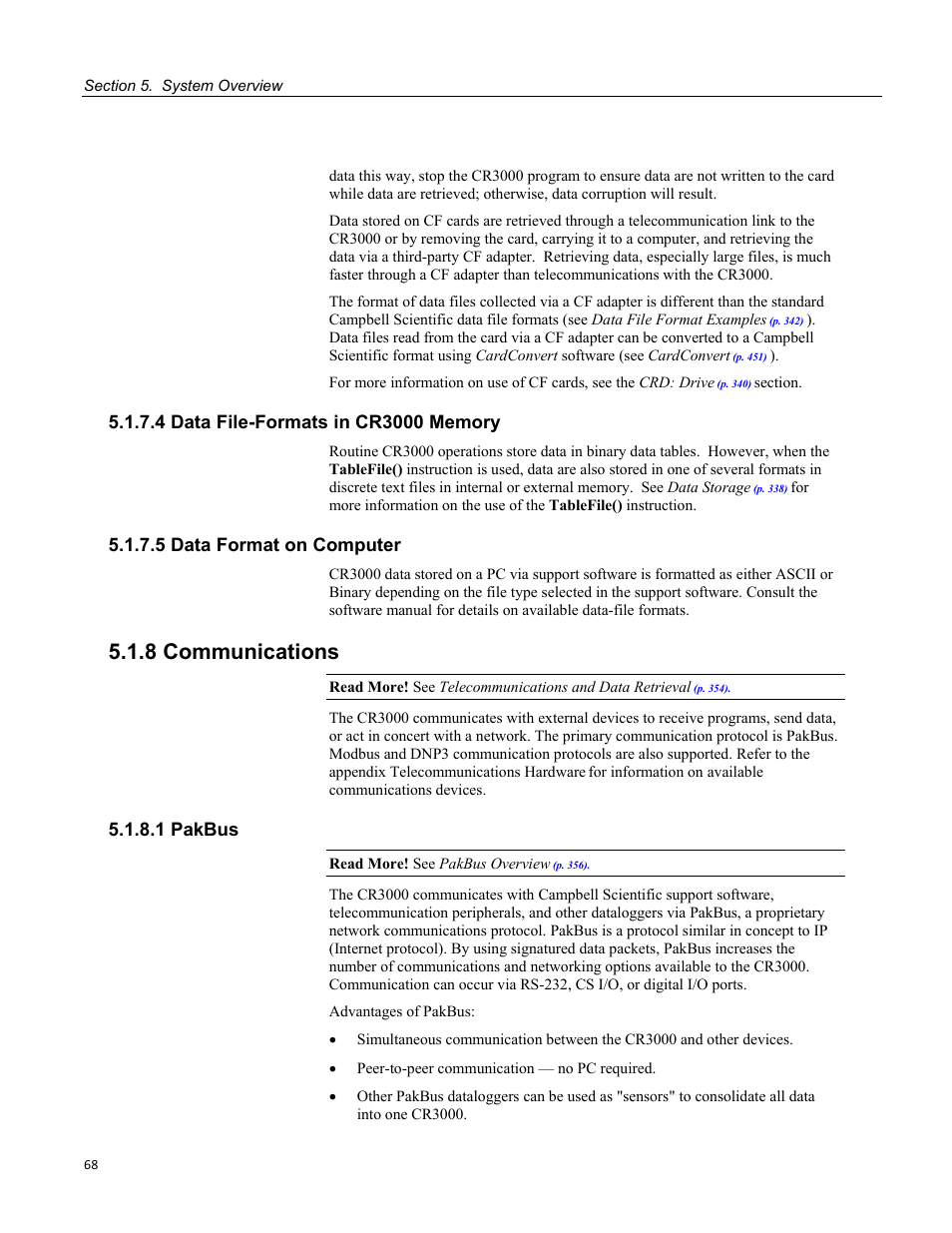 4 data file-formats in cr3000 memory, 5 data format on computer, 8 communications | 1 pakbus | Campbell Scientific CR3000 Micrologger User Manual | Page 68 / 590
