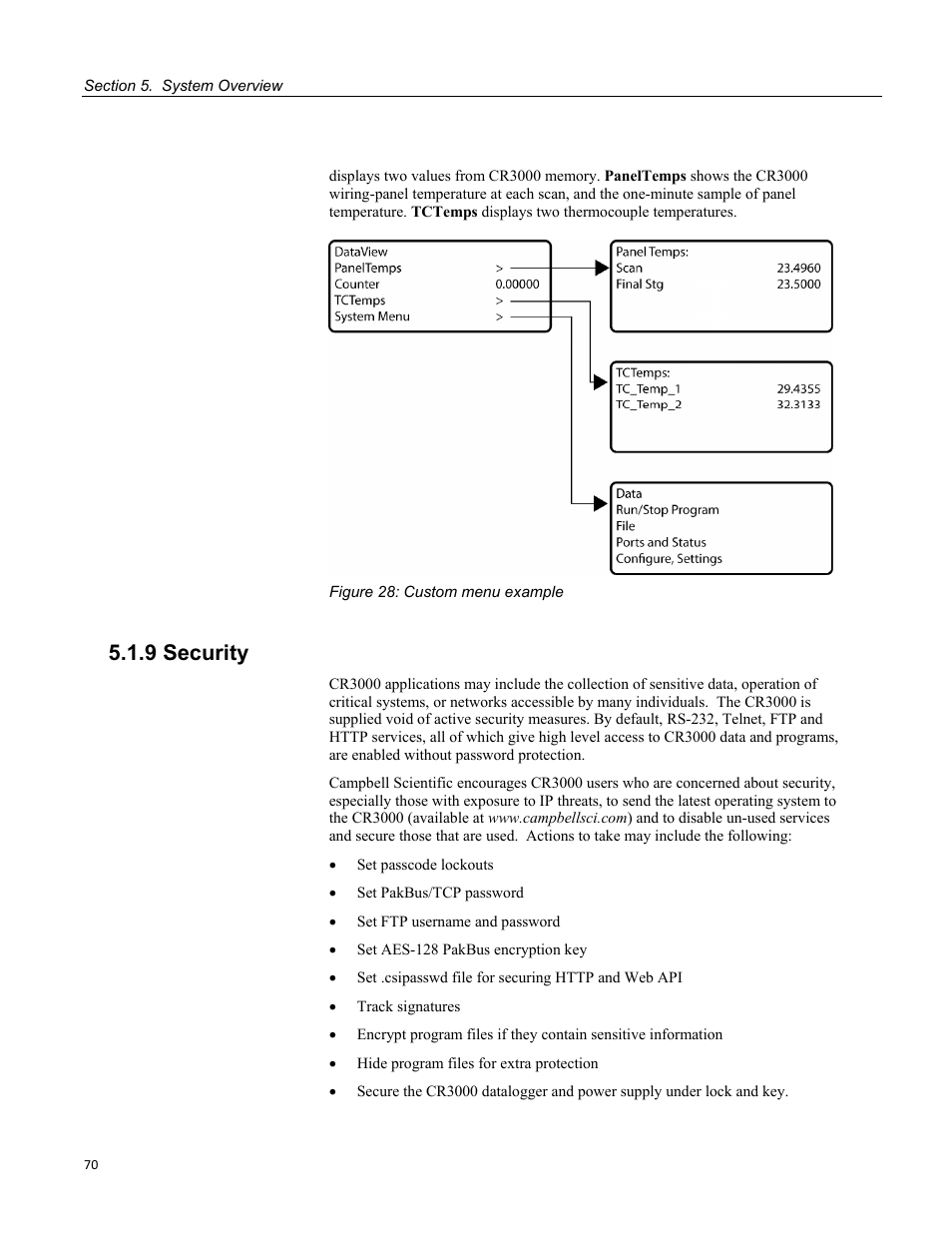 9 security, Figure 28: custom menu example | Campbell Scientific CR3000 Micrologger User Manual | Page 70 / 590