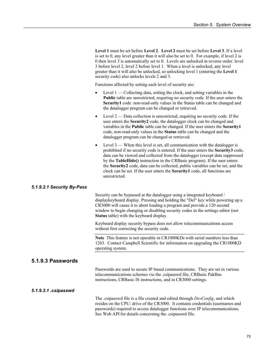 1 security by-pass, 3 passwords, 1 .csipasswd | Campbell Scientific CR3000 Micrologger User Manual | Page 73 / 590