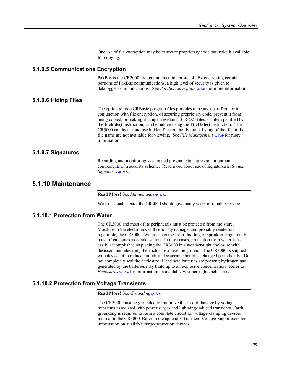 5 communications encryption, 6 hiding files, 7 signatures | 10 maintenance, 1 protection from water, 2 protection from voltage transients | Campbell Scientific CR3000 Micrologger User Manual | Page 75 / 590