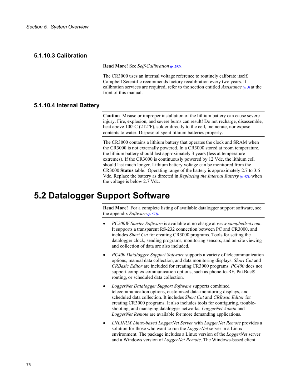 3 calibration, 4 internal battery, 2 datalogger support software | Campbell Scientific CR3000 Micrologger User Manual | Page 76 / 590