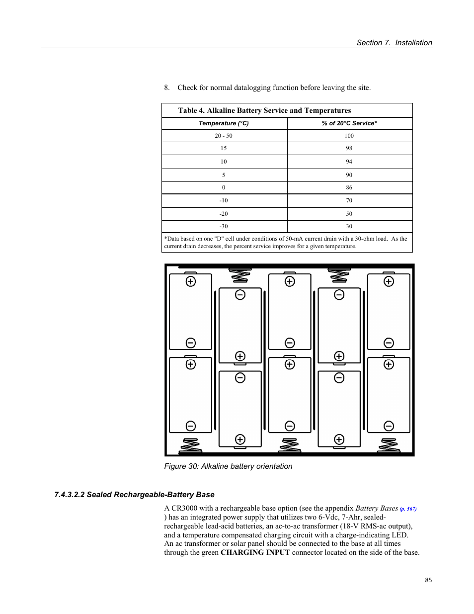 2 sealed rechargeable-battery base, Figure 30: alkaline battery orientation, Table 4. alkaline battery service and temperatures | Campbell Scientific CR3000 Micrologger User Manual | Page 85 / 590