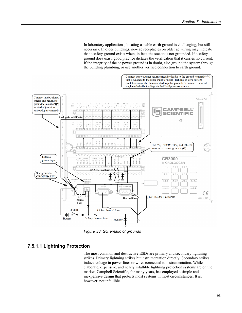 1 lightning protection, Figure 33: schematic of grounds | Campbell Scientific CR3000 Micrologger User Manual | Page 93 / 590