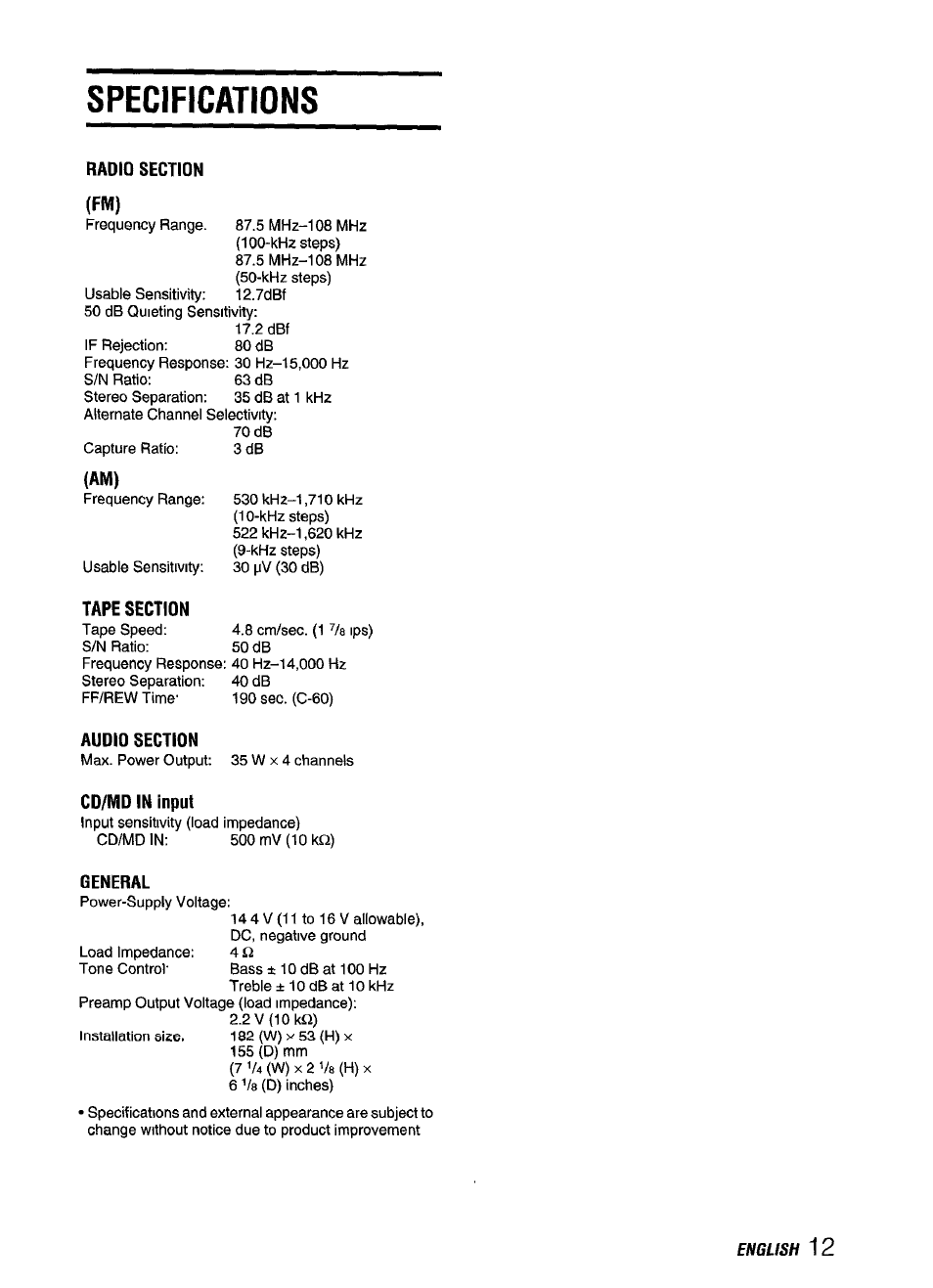 Specifications, Cd/md in input, General | Aiwa CT-ZI09 User Manual | Page 13 / 40