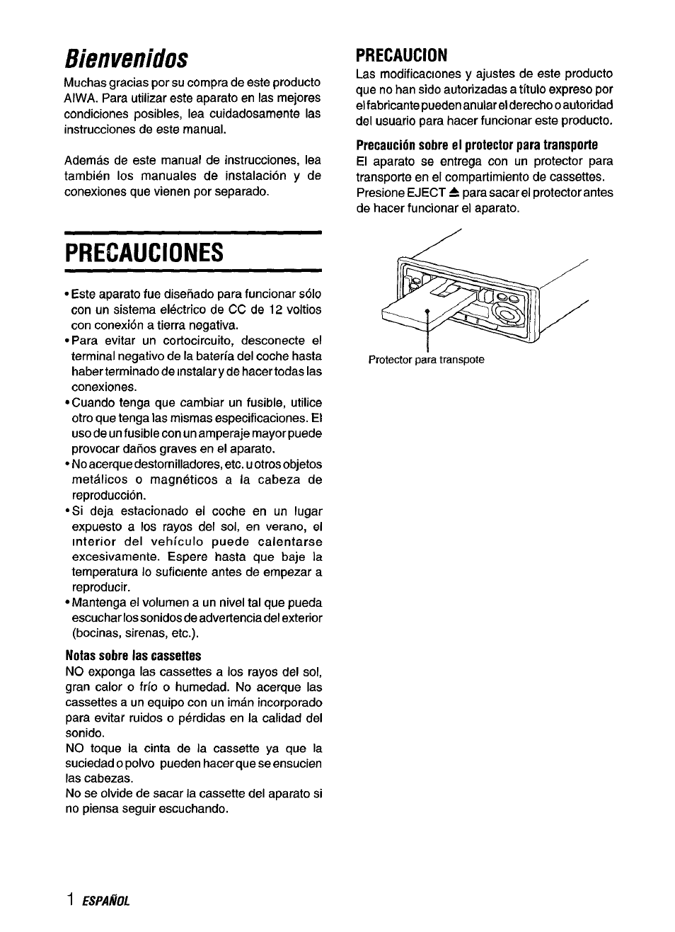 Bienvenidos, Precauciones, Precaucion | Aiwa CT-ZI09 User Manual | Page 14 / 40