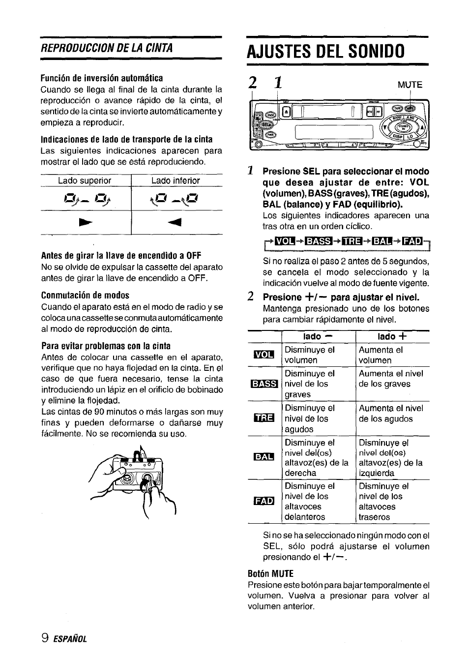 Ajustes del sonido, Reproducaonbcla cinta | Aiwa CT-ZI09 User Manual | Page 22 / 40