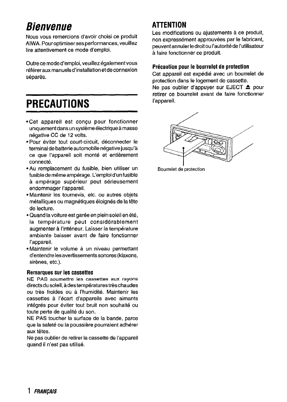 Bienvenue, Precautions, Ahention | Aiwa CT-ZI09 User Manual | Page 26 / 40