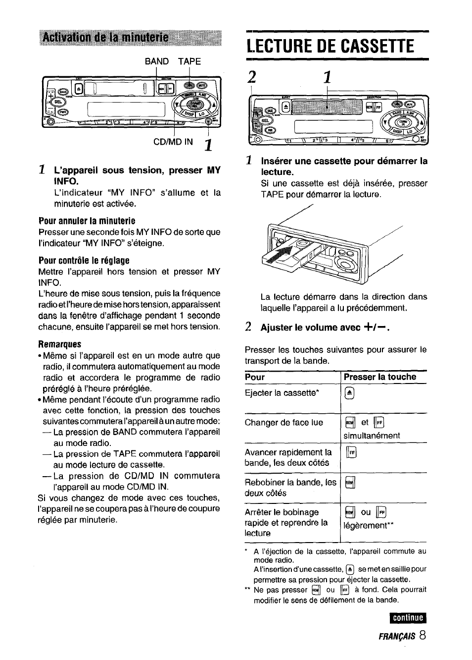 Lecture de cassette, Activation de la minuterie | Aiwa CT-ZI09 User Manual | Page 33 / 40