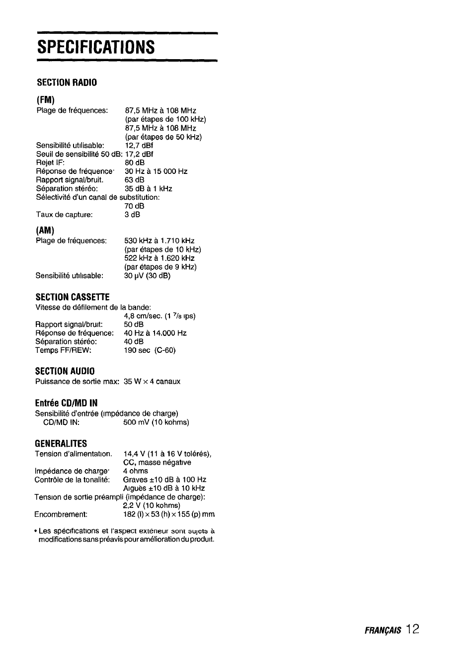 Specifications, Entrée cd/md in, Generalites | Aiwa CT-ZI09 User Manual | Page 37 / 40