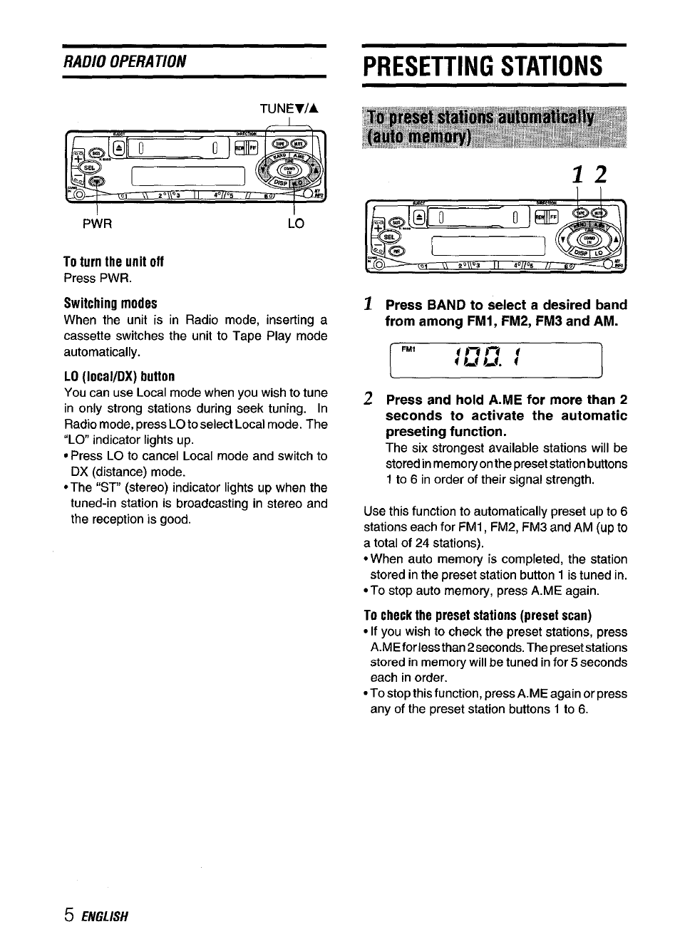 Presetting stations, To preset stations automatically (auto memory) | Aiwa CT-ZI09 User Manual | Page 6 / 40