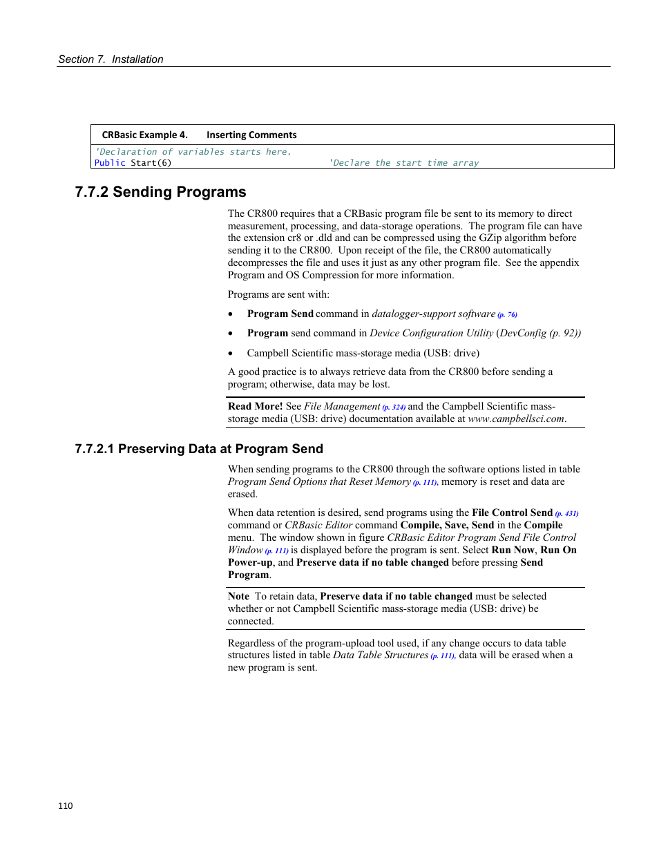 2 sending programs, 1 preserving data at program send | Campbell Scientific CR800 and CR850 Measurement and Control Systems User Manual | Page 110 / 566