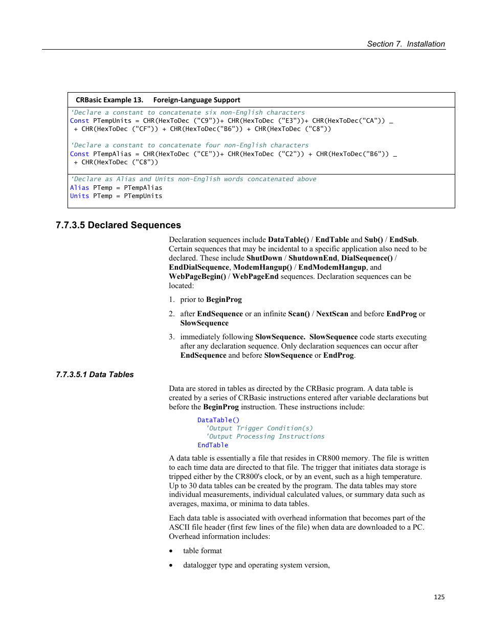 5 declared sequences, 1 data tables, Table 11. predefined constants and reserved words | Campbell Scientific CR800 and CR850 Measurement and Control Systems User Manual | Page 125 / 566