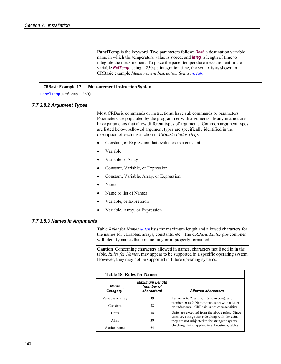 2 argument types, 3 names in arguments | Campbell Scientific CR800 and CR850 Measurement and Control Systems User Manual | Page 140 / 566