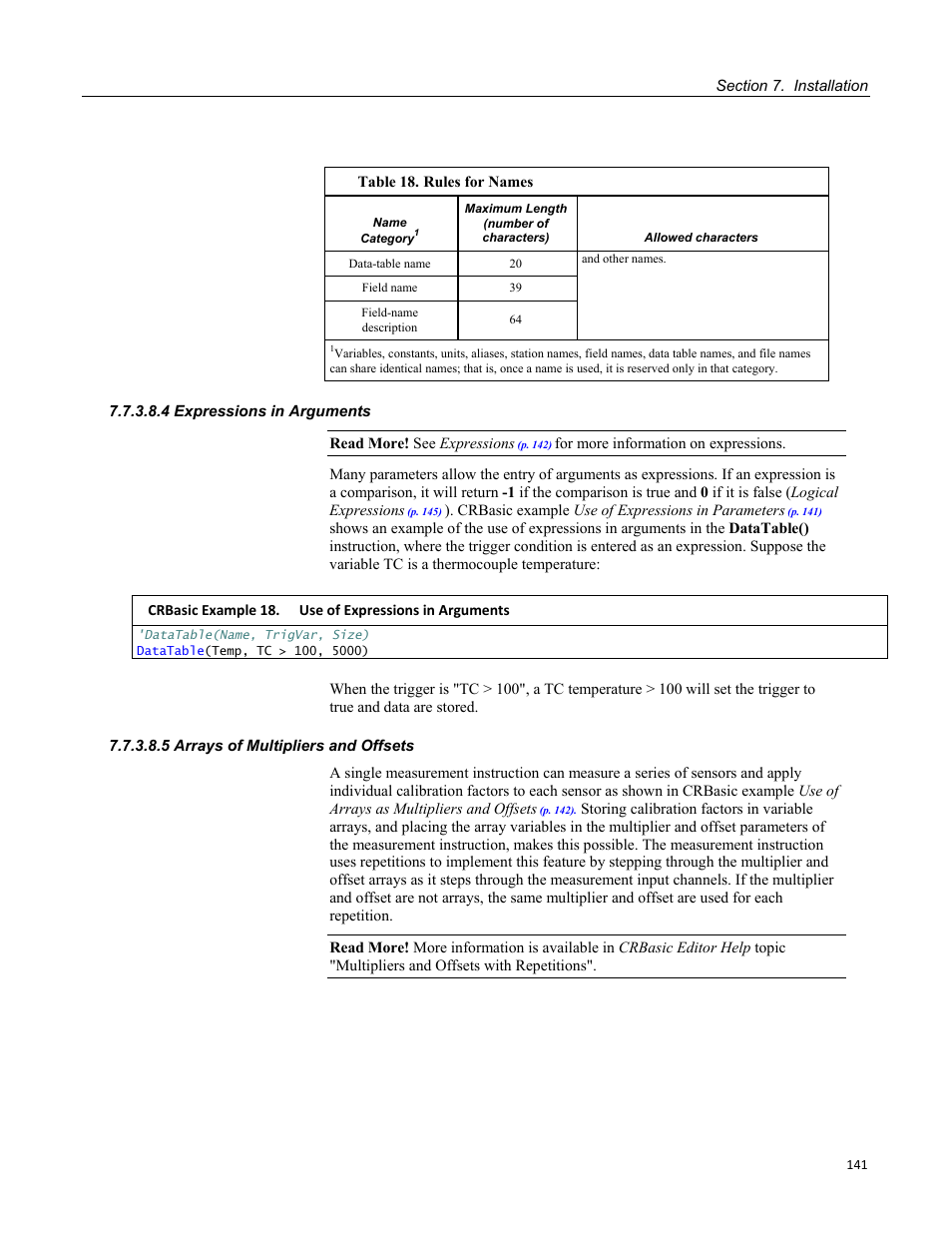 4 expressions in arguments, 5 arrays of multipliers and offsets | Campbell Scientific CR800 and CR850 Measurement and Control Systems User Manual | Page 141 / 566