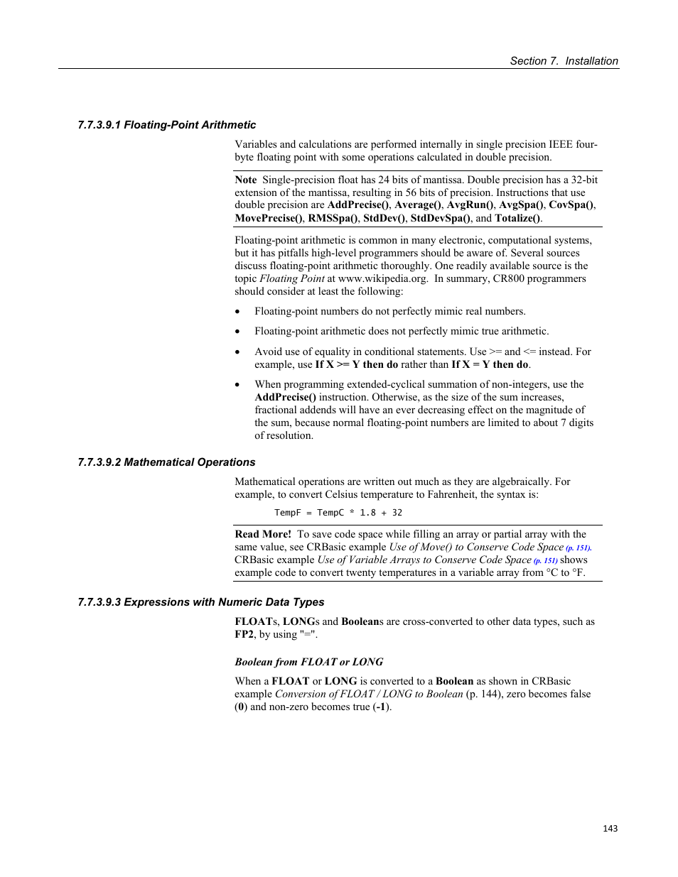 1 floating-point arithmetic, 2 mathematical operations, 3 expressions with numeric data types | Campbell Scientific CR800 and CR850 Measurement and Control Systems User Manual | Page 143 / 566