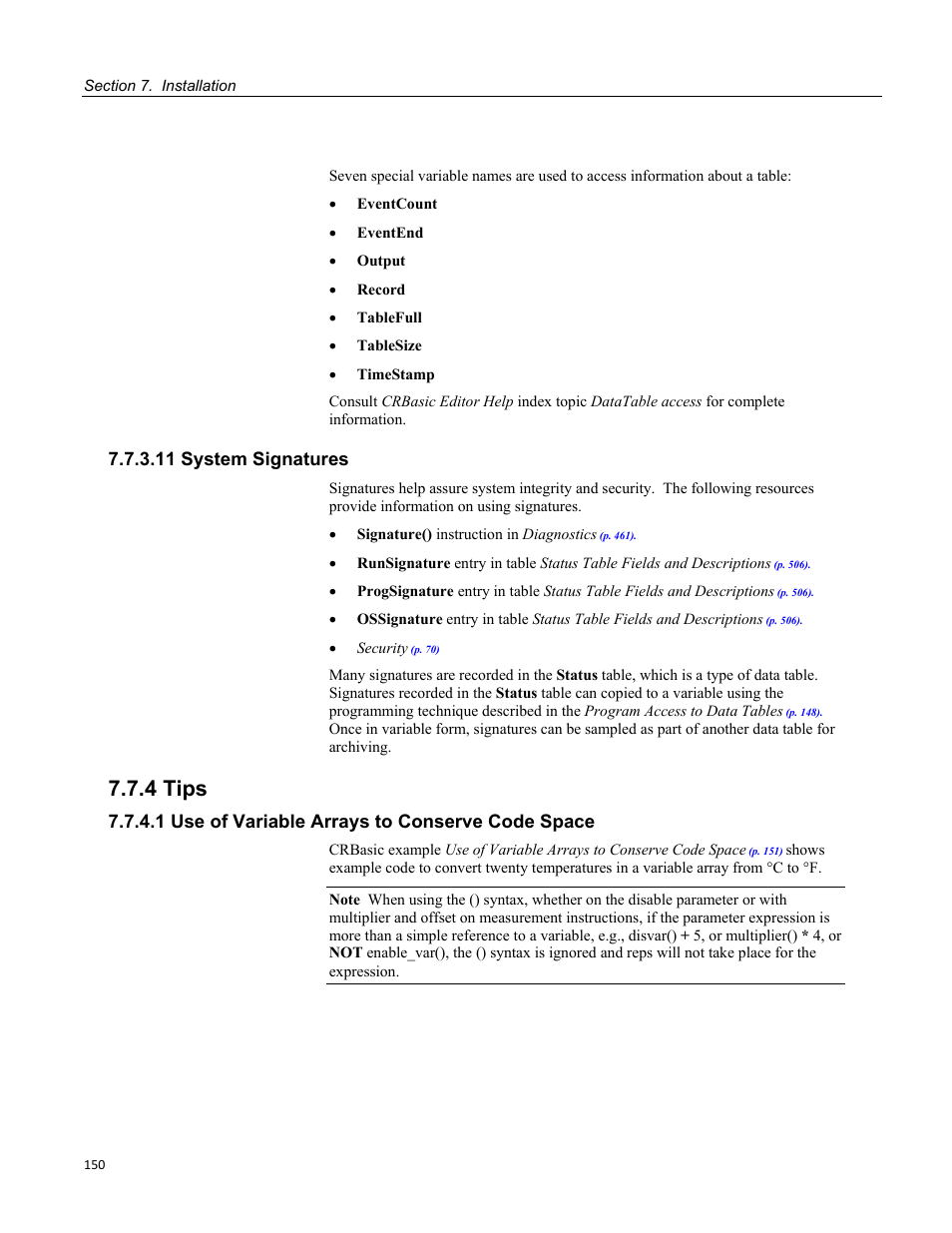 11 system signatures, 4 tips, 1 use of variable arrays to conserve code space | Campbell Scientific CR800 and CR850 Measurement and Control Systems User Manual | Page 150 / 566