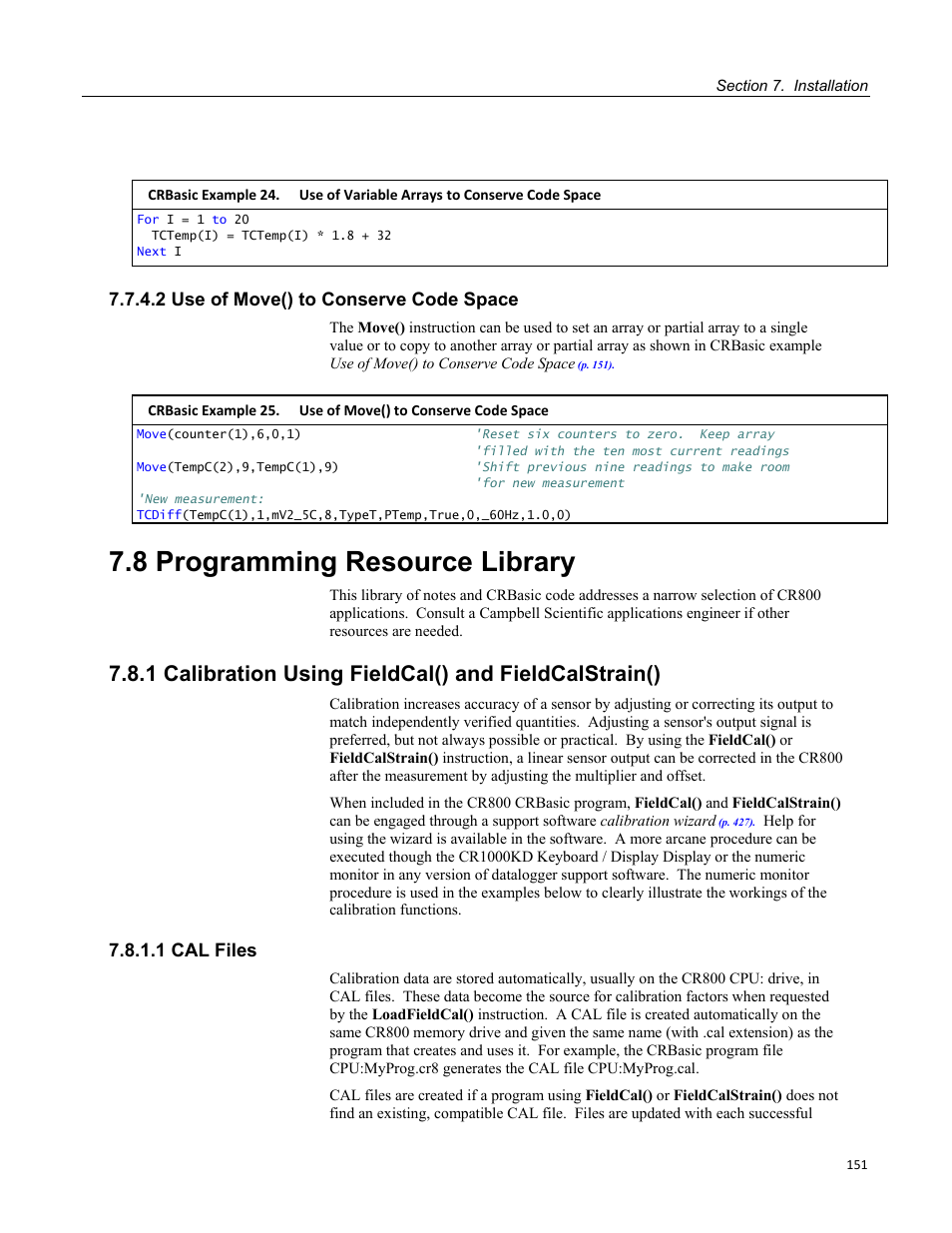 2 use of move() to conserve code space, 8 programming resource library, 1 cal files | Table 21. abbreviations of names of data processes | Campbell Scientific CR800 and CR850 Measurement and Control Systems User Manual | Page 151 / 566