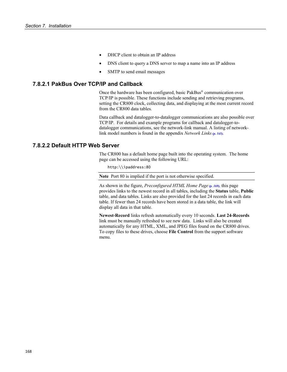 1 pakbus over tcp/ip and callback, 2 default http web server | Campbell Scientific CR800 and CR850 Measurement and Control Systems User Manual | Page 168 / 566