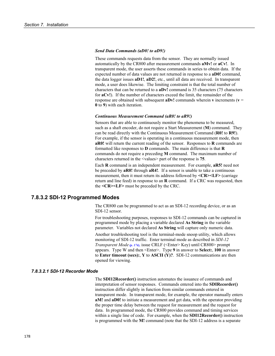2 sdi-12 programmed modes, 1 sdi-12 recorder mode, Table 25. standard sdi-12 command and response set | Campbell Scientific CR800 and CR850 Measurement and Control Systems User Manual | Page 178 / 566