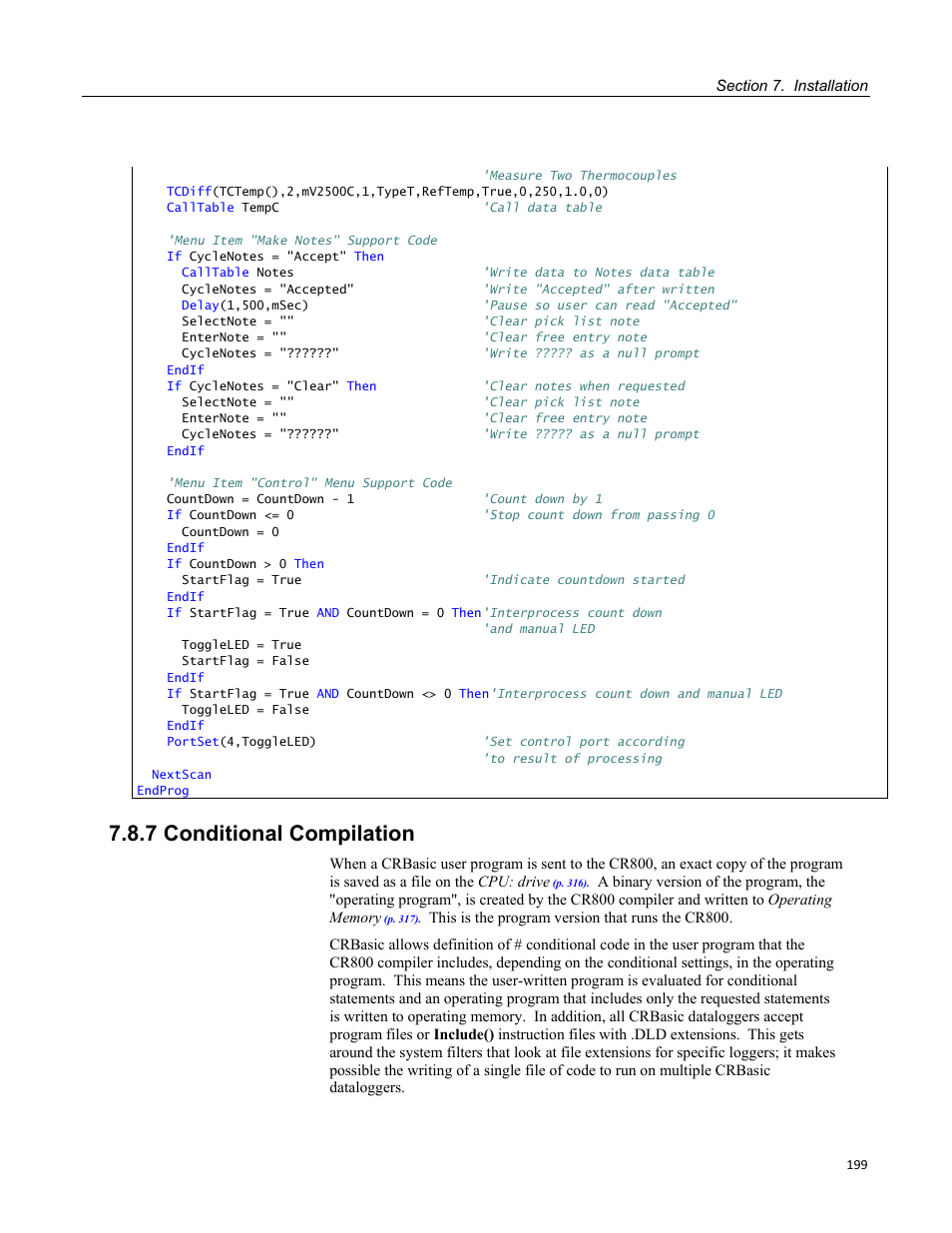 7 conditional compilation, Figure 60: custom menu example — home screen, Figure 61: custom menu example — view-data window | Campbell Scientific CR800 and CR850 Measurement and Control Systems User Manual | Page 199 / 566