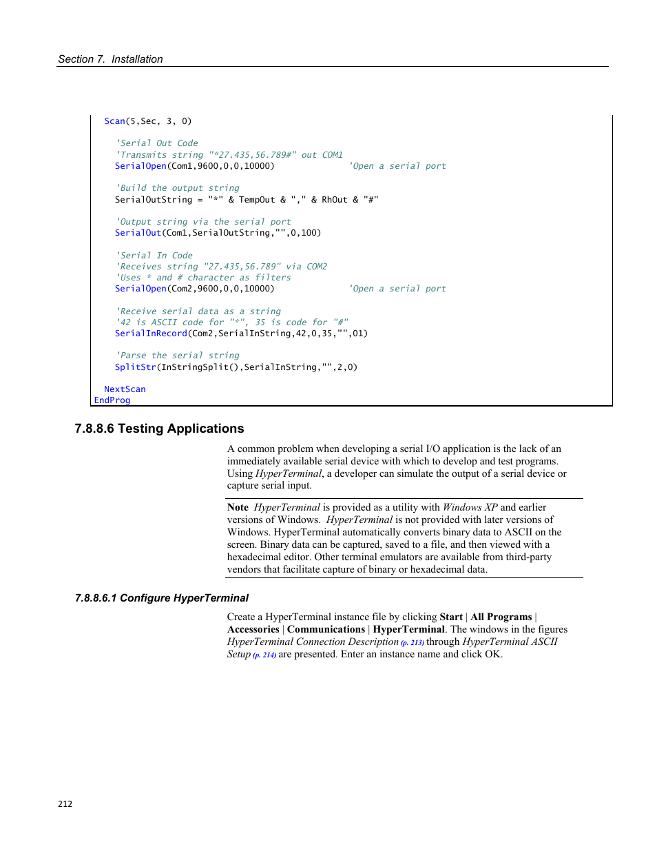 6 testing applications, 1 configure hyperterminal | Campbell Scientific CR800 and CR850 Measurement and Control Systems User Manual | Page 212 / 566