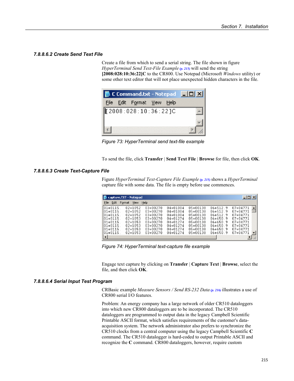 2 create send text file, 3 create text-capture file, 4 serial input test program | Campbell Scientific CR800 and CR850 Measurement and Control Systems User Manual | Page 215 / 566