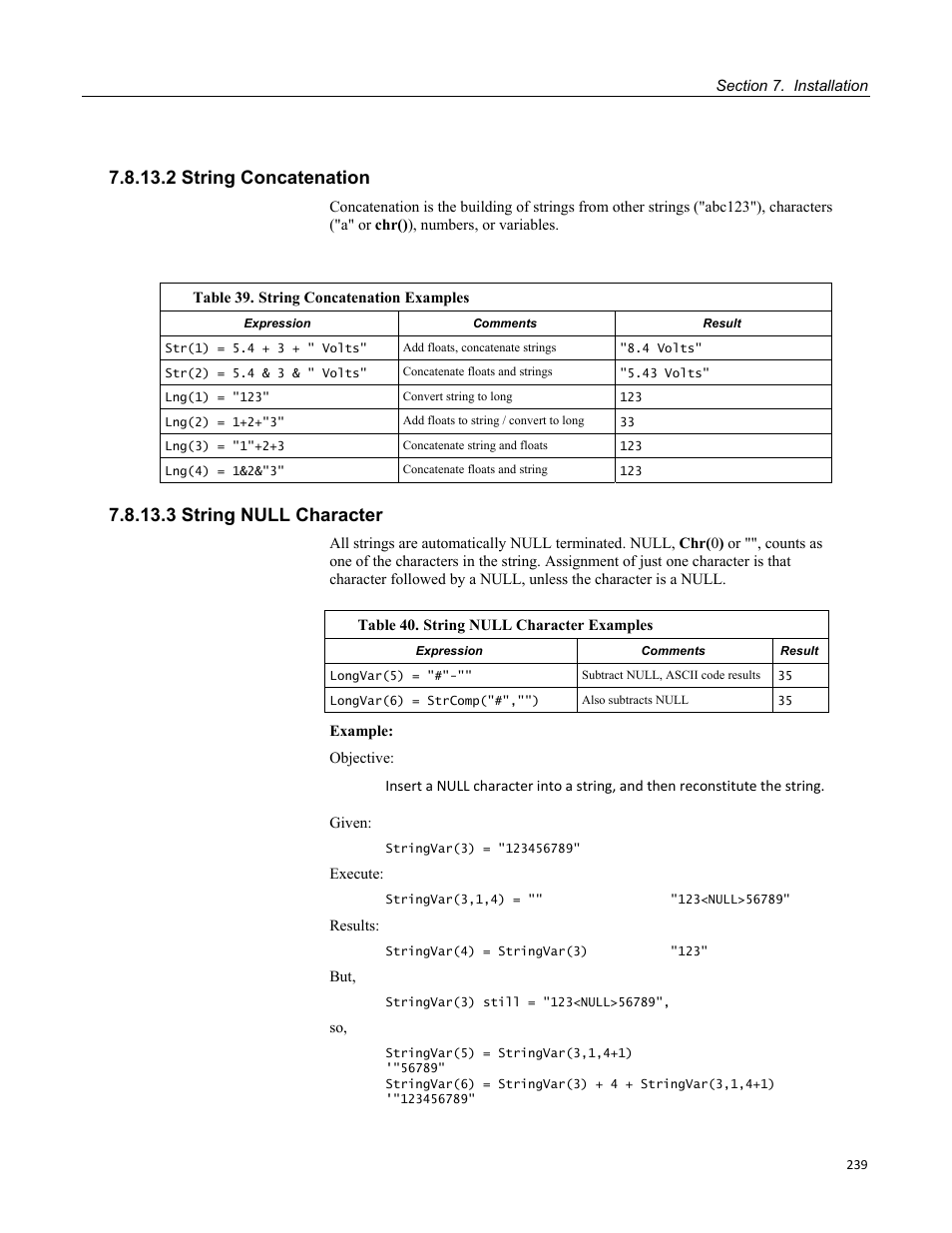 2 string concatenation, 3 string null character, Table 35. measuring voltse() at 200 hz | Campbell Scientific CR800 and CR850 Measurement and Control Systems User Manual | Page 239 / 566