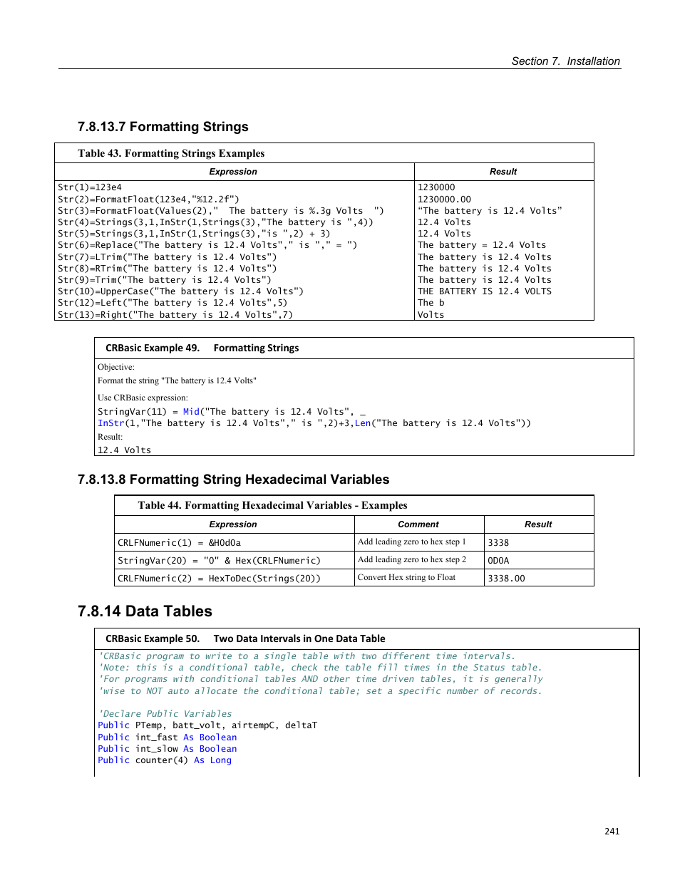 7 formatting strings, 8 formatting string hexadecimal variables, 14 data tables | Table 36. measuring voltse() at 2000 hz | Campbell Scientific CR800 and CR850 Measurement and Control Systems User Manual | Page 241 / 566