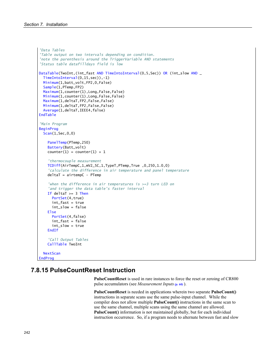 15 pulsecountreset instruction | Campbell Scientific CR800 and CR850 Measurement and Control Systems User Manual | Page 242 / 566