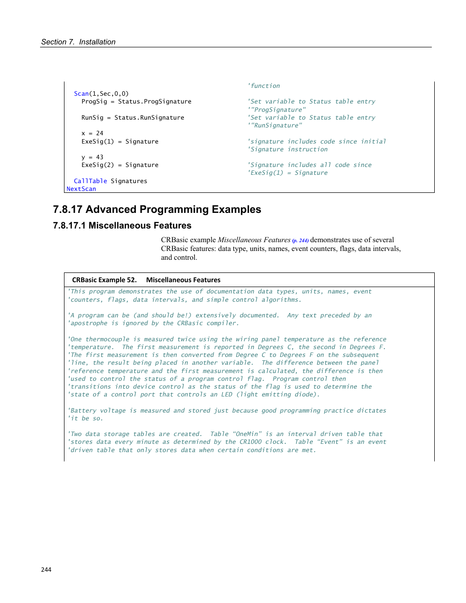 17 advanced programming examples, 1 miscellaneous features, Table 39. string concatenation examples | Table 40. string null character examples | Campbell Scientific CR800 and CR850 Measurement and Control Systems User Manual | Page 244 / 566